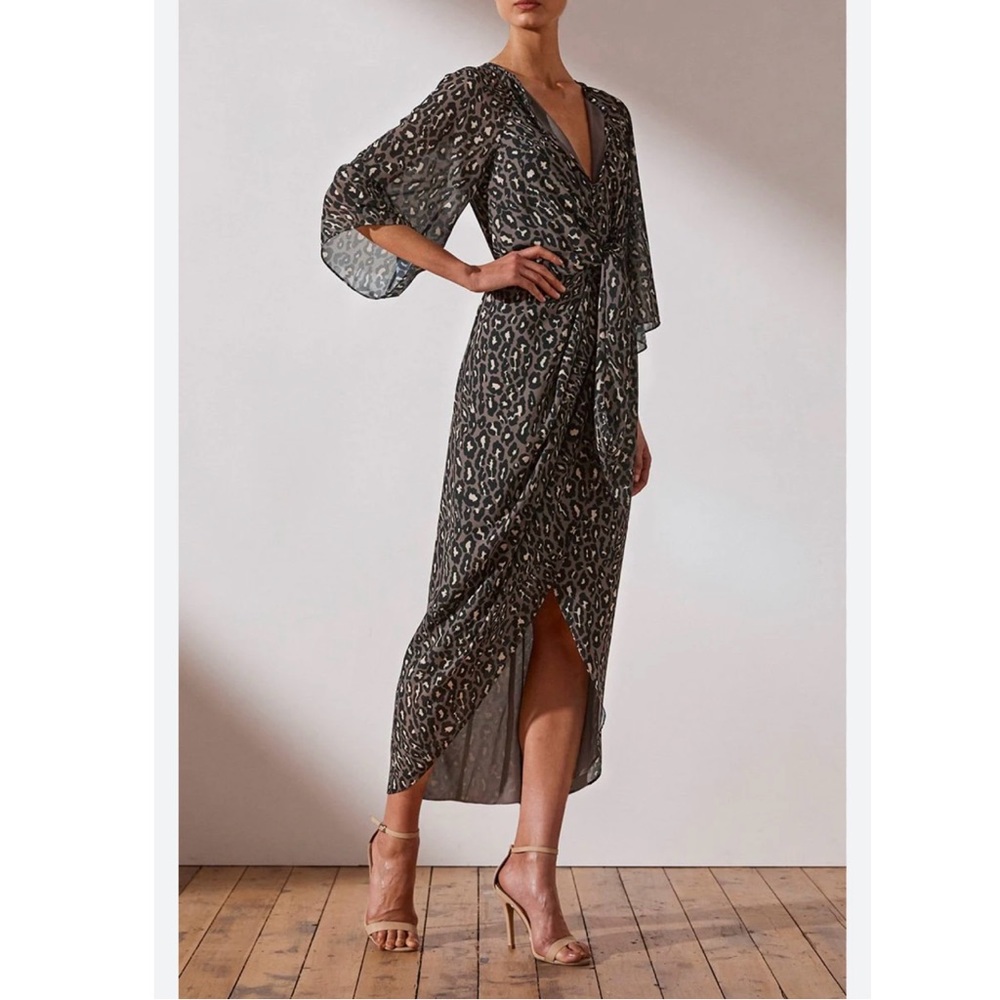 Shona Joy Harper Tie Front Draped Midi Dress in Leopard Print Size 6